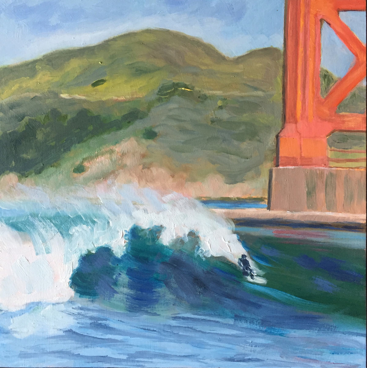 Golden Gate surfing, 8" x8", oil on wood panel