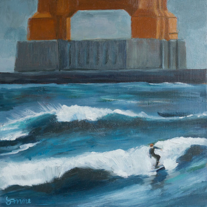 Surfing Golden Gate, 8" x 8", oil on panel